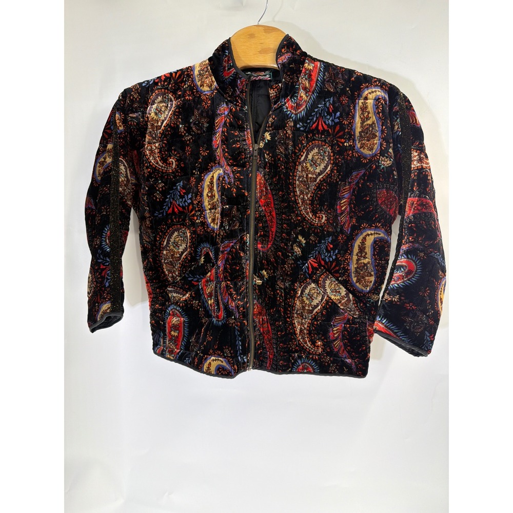 Johnny‎ Was Velvet Quilted Puffer Jacket Paisley Print Black Multicolor XL